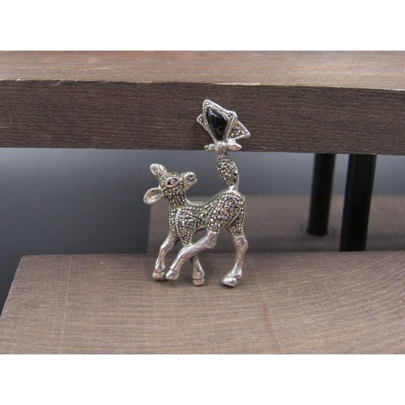 Sterling Silver Marcasite Baby Deer With Onyx Stone Pin Brooch - Picture 1 of 6